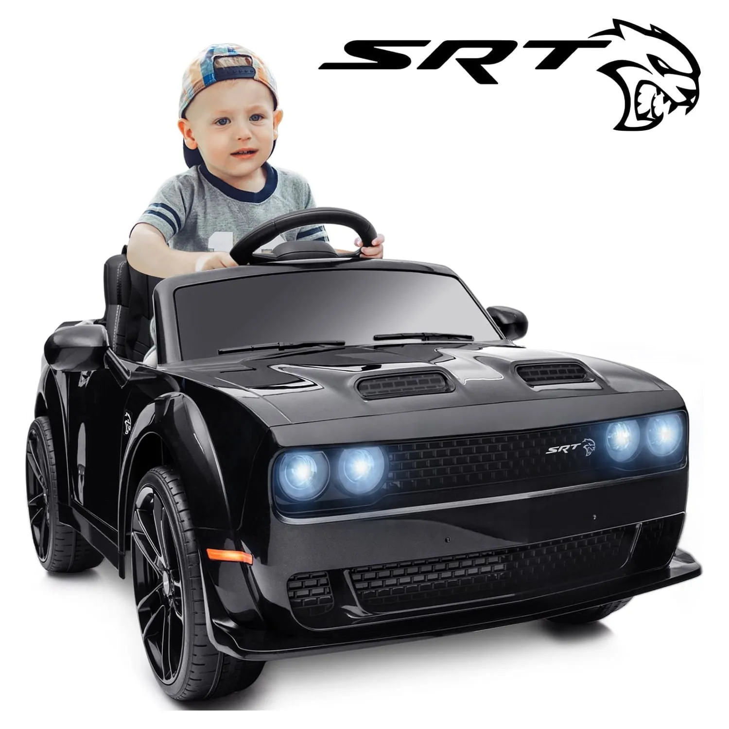 Track 7 Kids Ride on Police Car, Licensed Dodge Challenger SRT 12V Electric Car for Kids Age 3 , Remote Control, Music