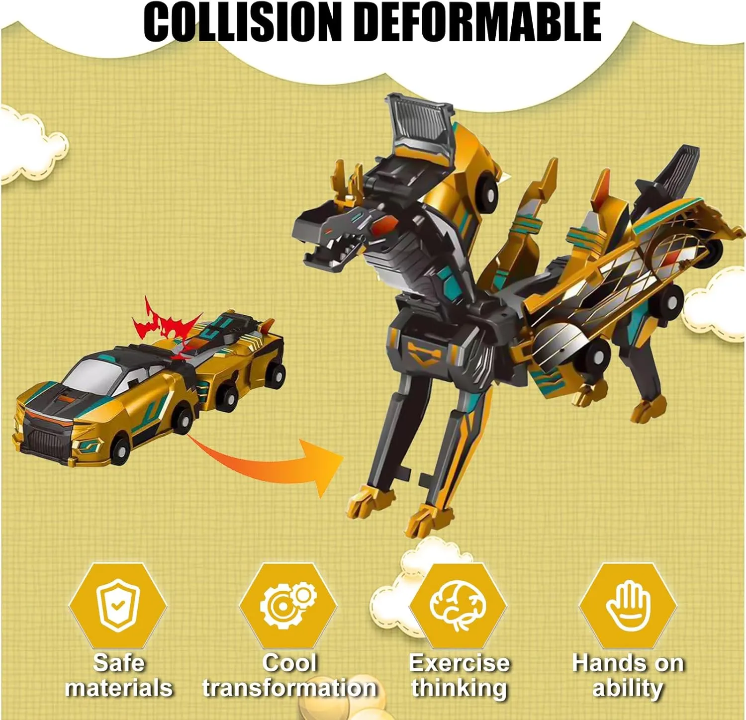 Transforming Dinosaur Toys，Transformation Car Toy with Collision Transforming Car for Girls Age 4-6 |Party Gift for Birthday, Christmas (Golden Dragon)