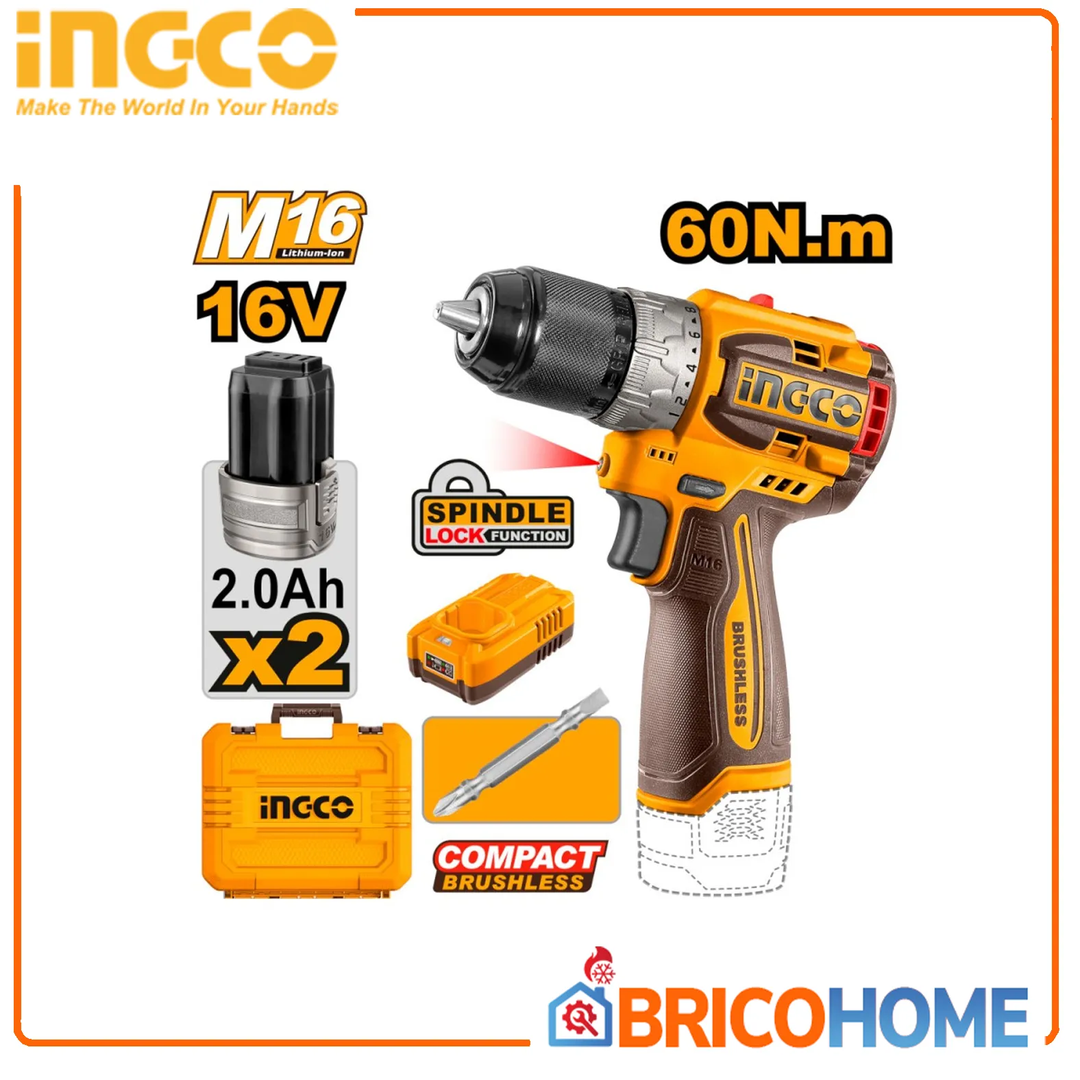 Trapano Avvitatore COMPACT 16V 60Nm BRUSHLESS con 2 batterie - INGCO
