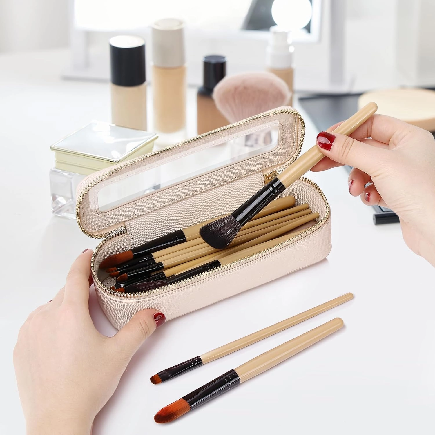 Travel Makeup Set Waterproof Transparent Cosmetic Bag and Toiletry Bag Makeup Brush case with Zipper Car Essentials for Women (Beige, L M SLIM)
