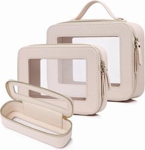 Travel Makeup Set Waterproof Transparent Cosmetic Bag and Toiletry Bag Makeup Brush case with Zipper Car Essentials for Women (Beige, L M SLIM)
