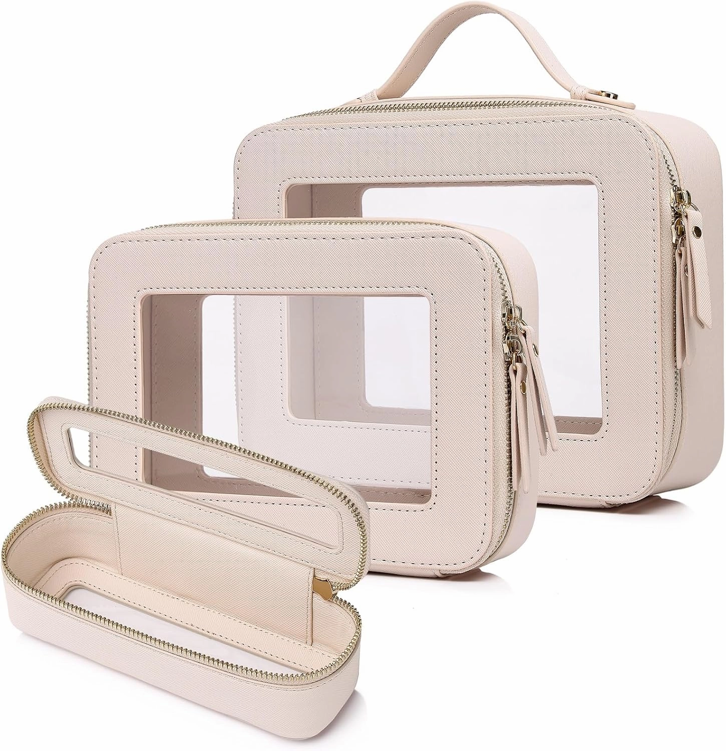 Travel Makeup Set Waterproof Transparent Cosmetic Bag and Toiletry Bag Makeup Brush case with Zipper Car Essentials for Women (Beige, L M SLIM)