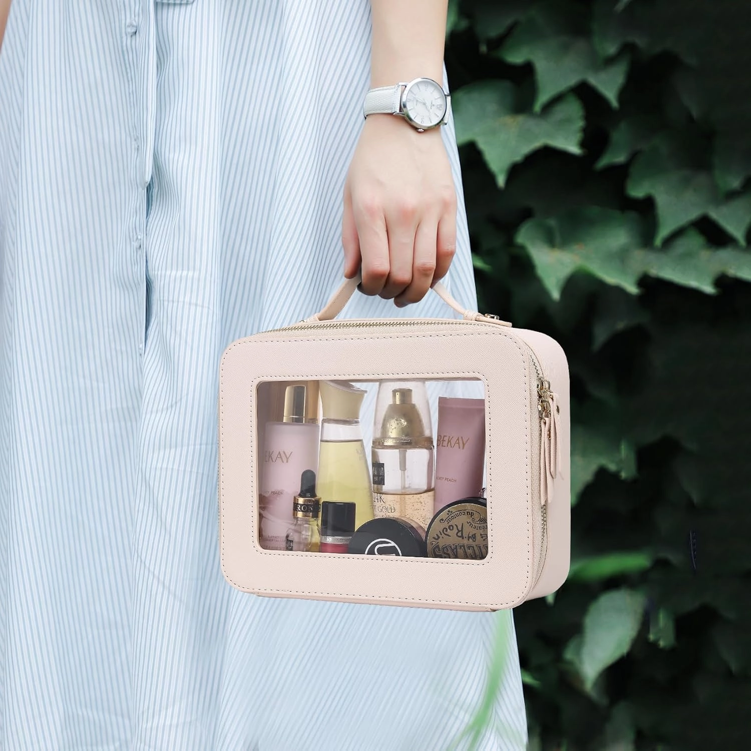 Travel Makeup Set Waterproof Transparent Cosmetic Bag and Toiletry Bag Makeup Brush case with Zipper Car Essentials for Women (Beige, L M SLIM)