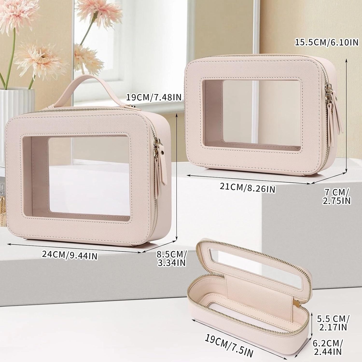 Travel Makeup Set Waterproof Transparent Cosmetic Bag and Toiletry Bag Makeup Brush case with Zipper Car Essentials for Women (Beige, L M SLIM)