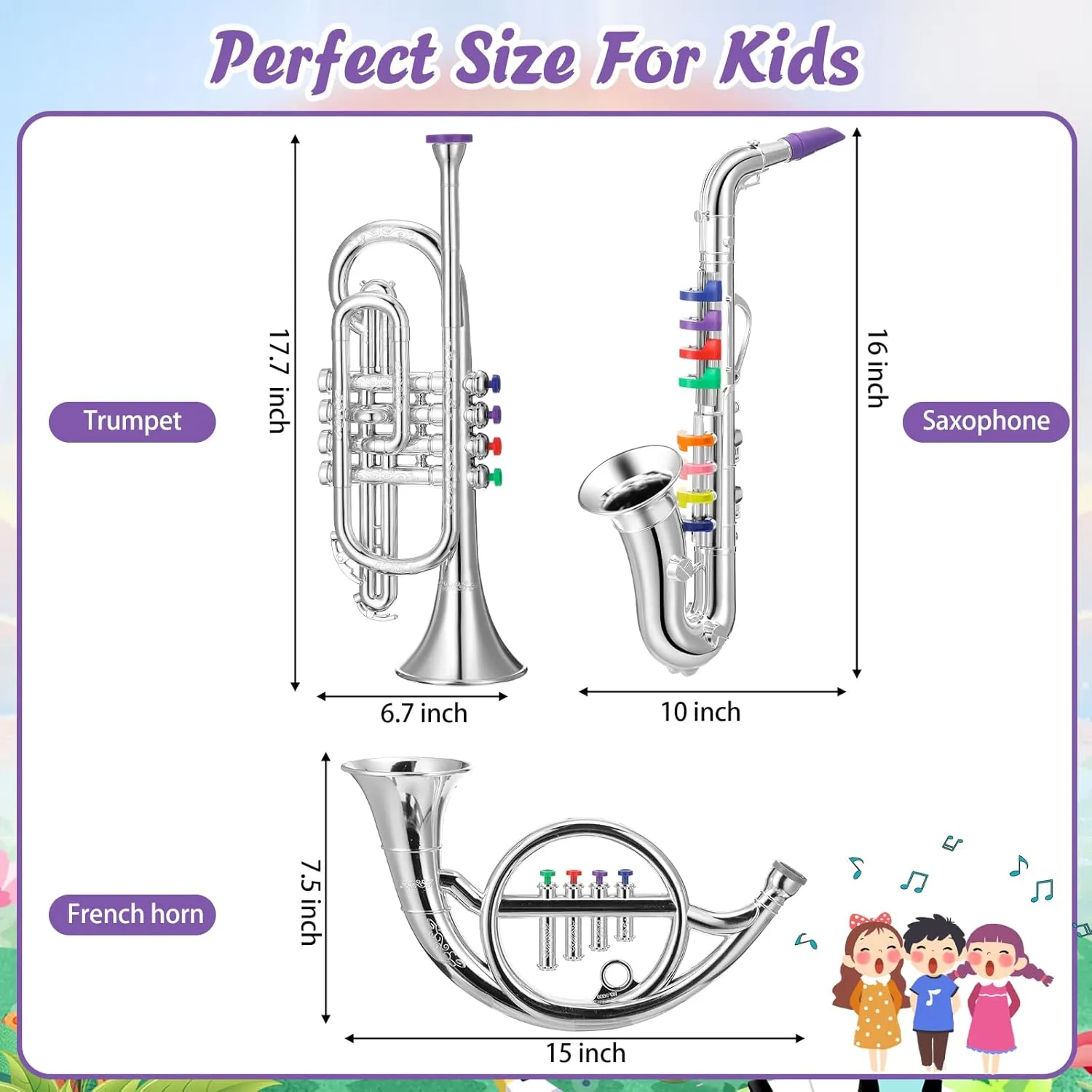 Treela Set of 3 Musical Instruments Saxophone Trumpet and Horn for Beginners 3 Wind and Brass Musical Instruments Combo with Colorful Keys Coded for Boys Girls (Silver)
