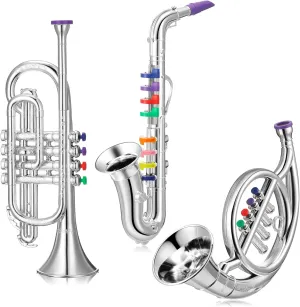 Treela Set of 3 Musical Instruments Saxophone Trumpet and Horn for Beginners 3 Wind and Brass Musical Instruments Combo with Colorful Keys Coded for Boys Girls (Silver)