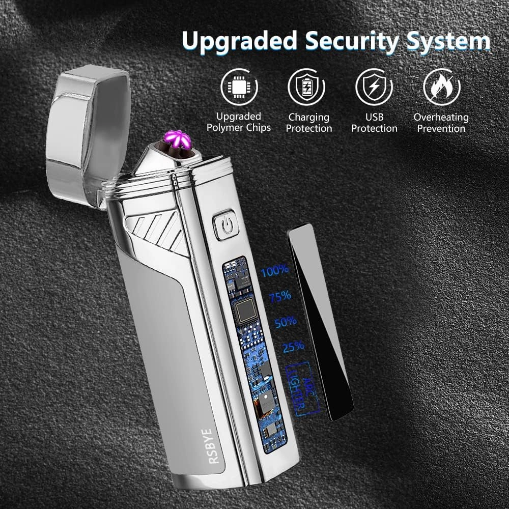 Triple-Arc Electric Lighter, 2-in-1 Opener Windproof Flameless Plasma Lighter Rechargeable USB with Digital Battery Indicator (Silver)