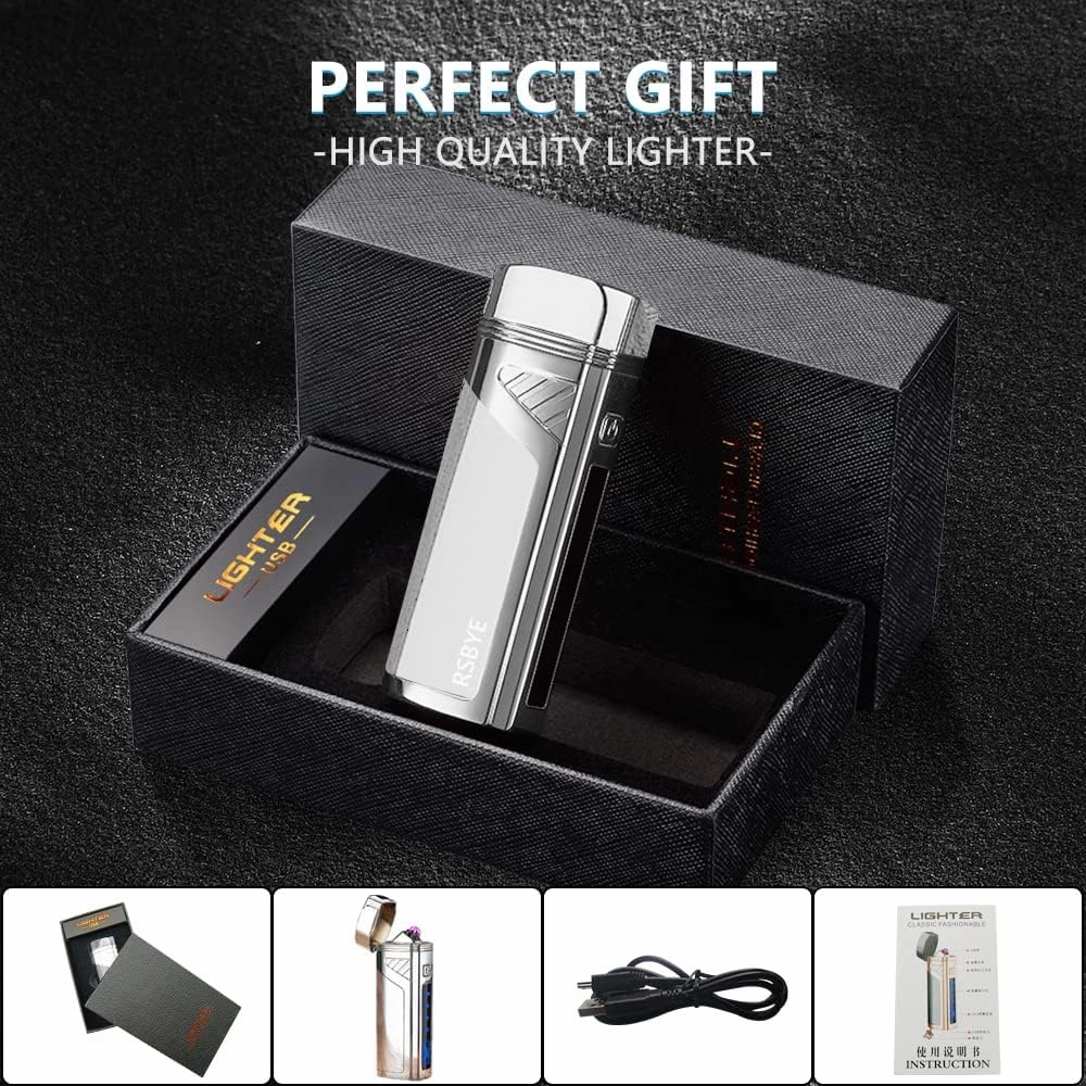 Triple-Arc Electric Lighter, 2-in-1 Opener Windproof Flameless Plasma Lighter Rechargeable USB with Digital Battery Indicator (Silver)