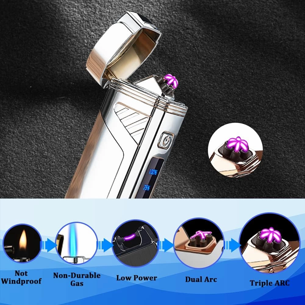 Triple-Arc Electric Lighter, 2-in-1 Opener Windproof Flameless Plasma Lighter Rechargeable USB with Digital Battery Indicator (Silver)