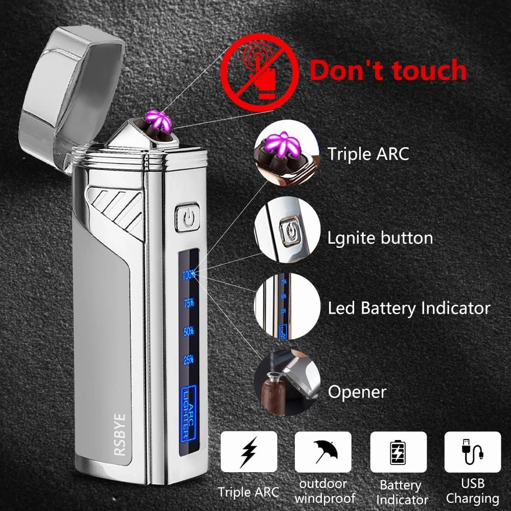 Triple-Arc Electric Lighter, 2-in-1 Opener Windproof Flameless Plasma Lighter Rechargeable USB with Digital Battery Indicator (Silver)