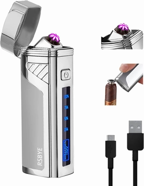 Triple-Arc Electric Lighter, 2-in-1 Opener Windproof Flameless Plasma Lighter Rechargeable USB with Digital Battery Indicator (Silver)