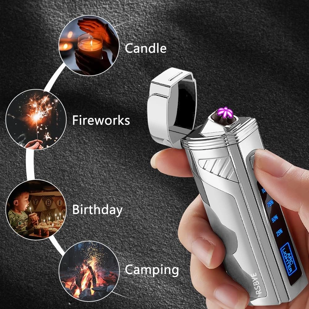 Triple-Arc Electric Lighter, 2-in-1 Opener Windproof Flameless Plasma Lighter Rechargeable USB with Digital Battery Indicator (Silver)