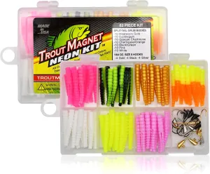 Trout Magnet 82-Piece Neon Fishing Gear Kit, Includes 70 Grub Bodies Trout Bait and 12 Size 8 Hooks