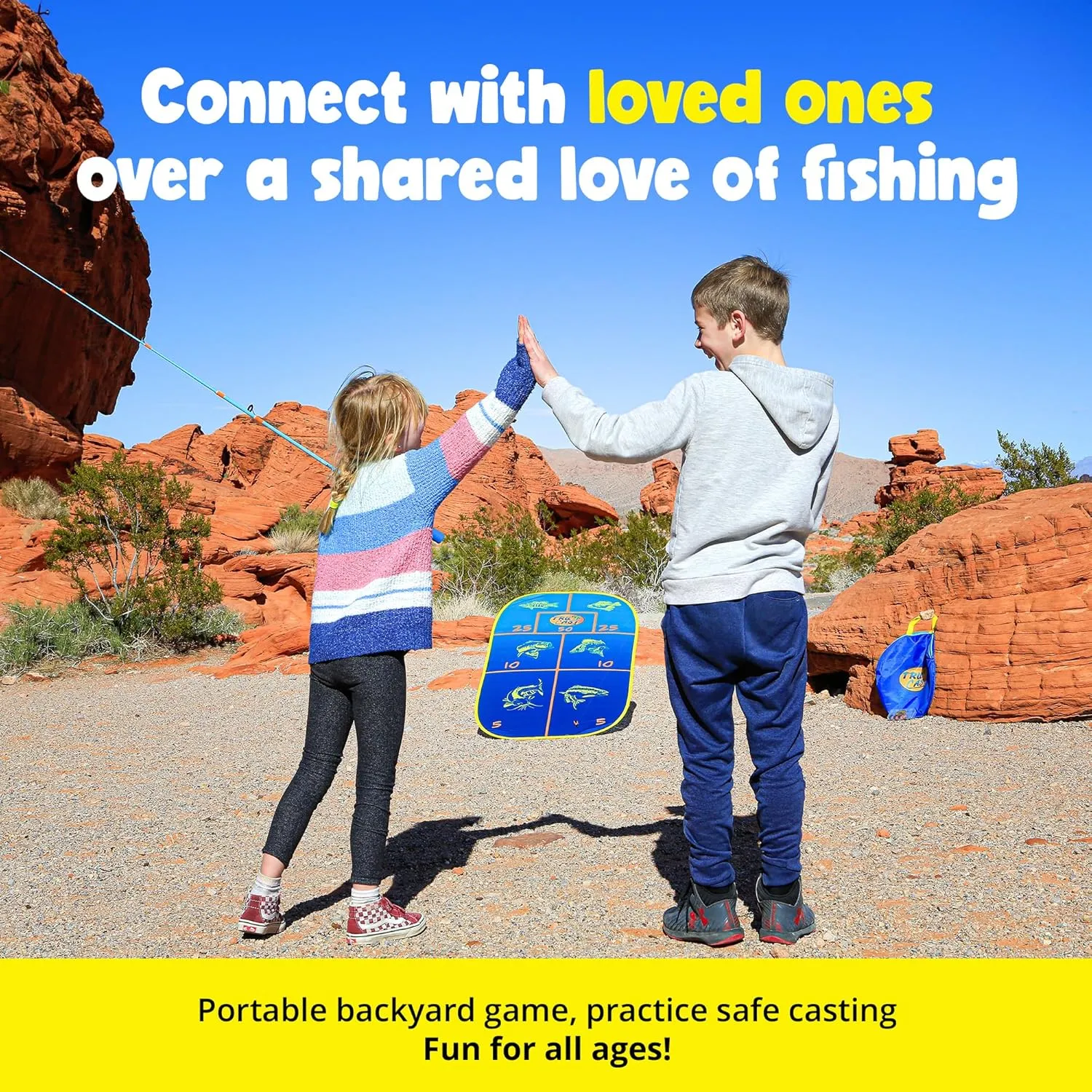 TruCast Outdoor Fishing Game, Portable Kids Fishing Game with Velcro Lures and Foldable Flat-Pack Target Board, Compact Kids Fishing Rod Travel Set, 17"x53"x29"