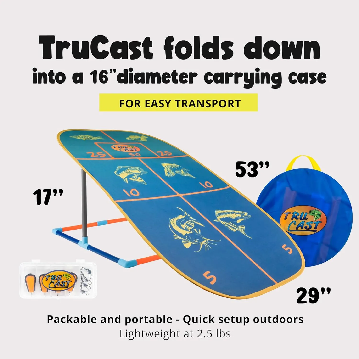 TruCast Outdoor Fishing Game, Portable Kids Fishing Game with Velcro Lures and Foldable Flat-Pack Target Board, Compact Kids Fishing Rod Travel Set, 17"x53"x29"