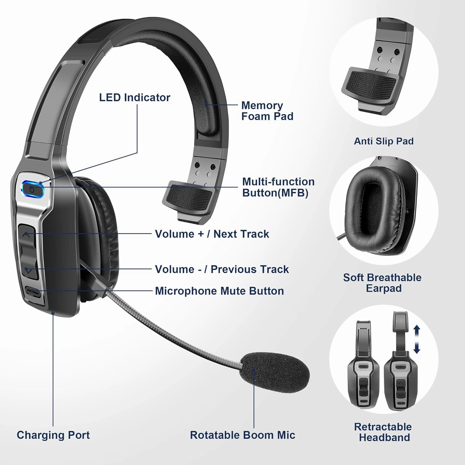 Trucker Bluetooth Headset, V5.2 Wireless Headset with Upgraded Microphone AI Noise Canceling, On Ear Bluetooth Headphone with Mute for Driver Office Call Center (Black Dongle)