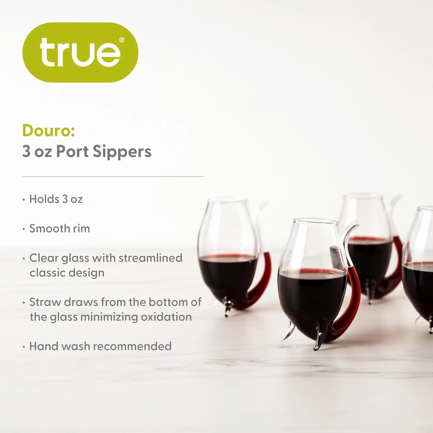 True Douro Port Sippers, Port Wine Glasses Drinking Set, Wine Glass with Straw Built in, Clear Cup, Set of 4, 3 oz Capacity