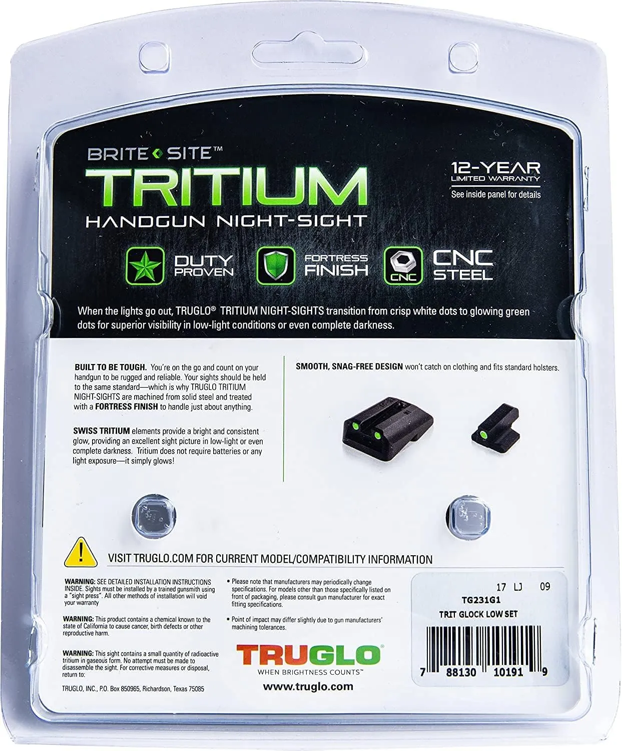 TRUGLO Tritium Handgun Sight | High-Visible Front & Rear Night Sights with Daylight White Dots & Low-Light Tritium Dots, Compatible with Glock Handguns