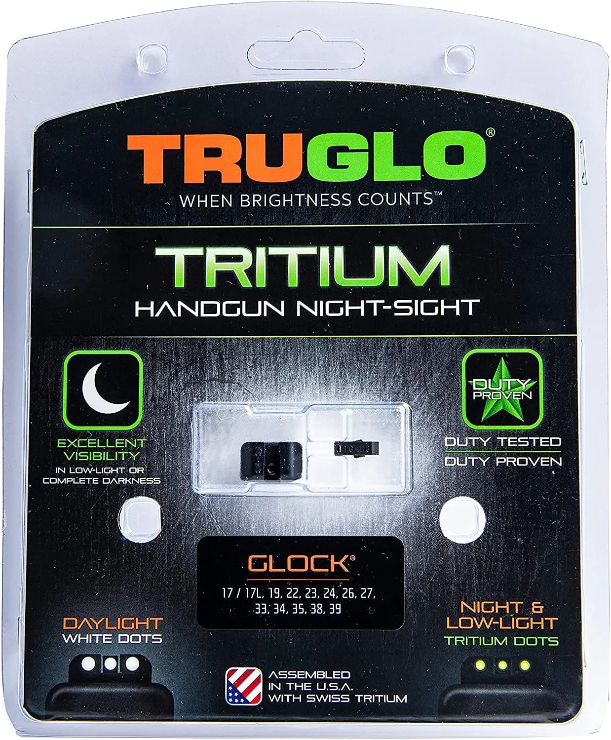 TRUGLO Tritium Handgun Sight | High-Visible Front & Rear Night Sights with Daylight White Dots & Low-Light Tritium Dots, Compatible with Glock Handguns