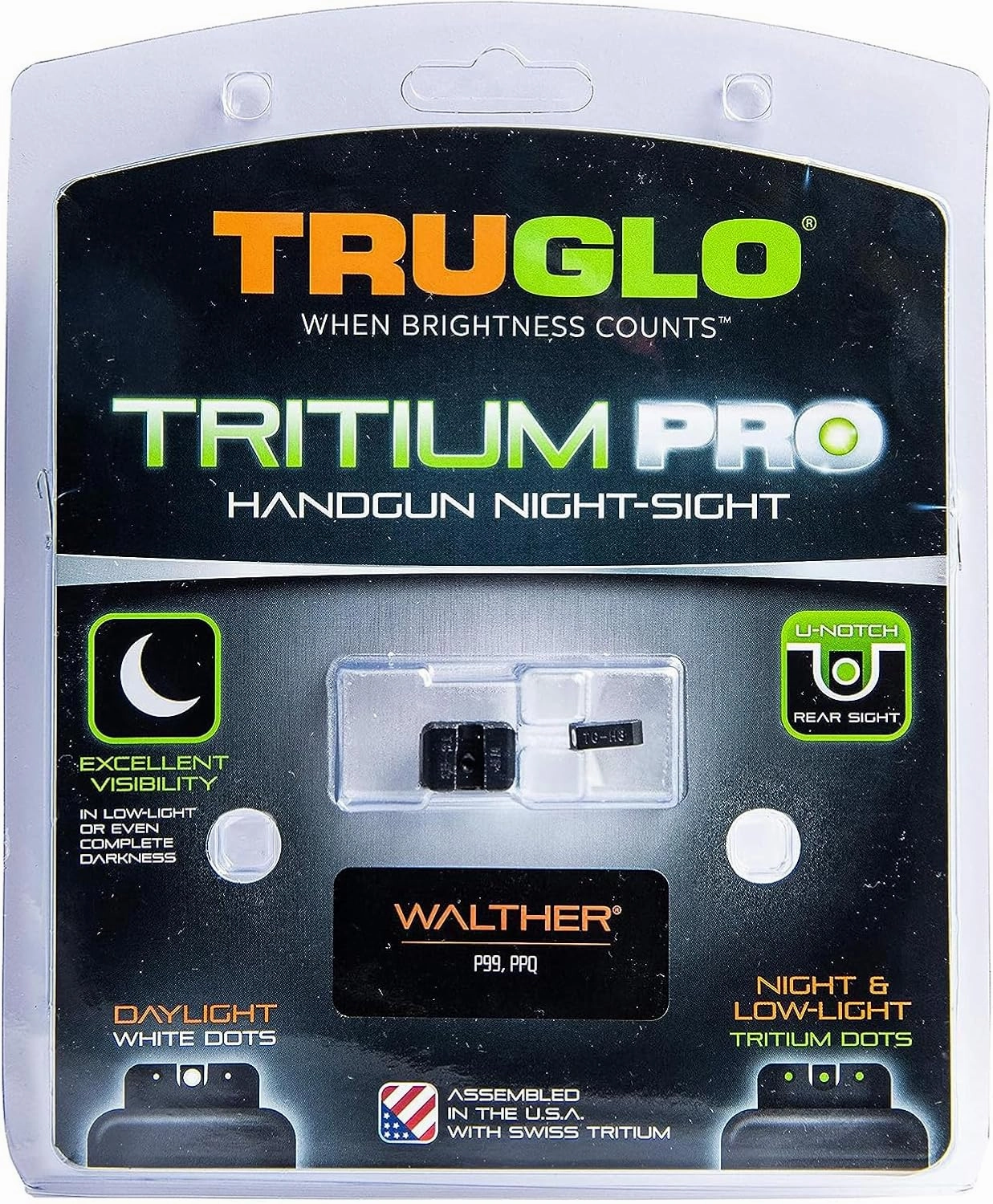 Truglo Tritium Pro Night Sights, Compatible with Walther Handgun Models Compact Durable Glow-in-The-Dark Front & Rear Gun Sight Set with Focus Lock Front Ring