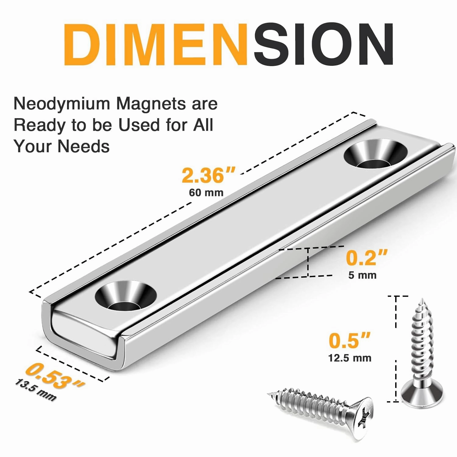 TRYMAG Neodymium Bar Magnets Countersunk, 80 Lbs Rectangle Pull 60x13.5x5mm, 15 Rap Earth Magnet Strip Pack - Wall Mounting, Heavy Duty With Screws