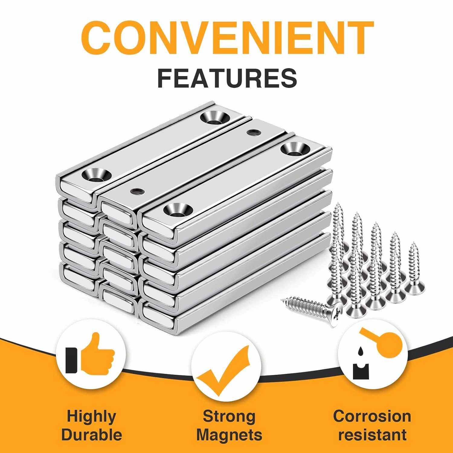 TRYMAG Neodymium Bar Magnets Countersunk, 80 Lbs Rectangle Pull 60x13.5x5mm, 15 Rap Earth Magnet Strip Pack - Wall Mounting, Heavy Duty With Screws