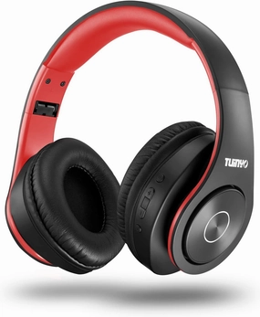 TUINYO Bluetooth Headphones, Over Ear Stereo Wireless Headset 40H Playtime with Deep Bass,Soft Memory-Protein Earmuffs,Built-in Mic Wired Mode PC/Cell Phones-Black red