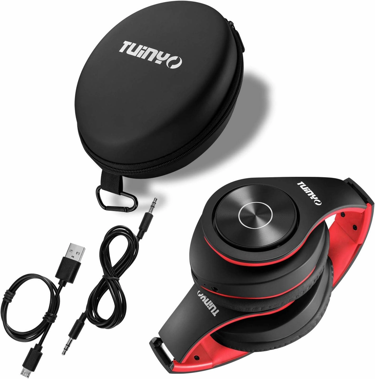 TUINYO Bluetooth Headphones, Over Ear Stereo Wireless Headset 40H Playtime with Deep Bass,Soft Memory-Protein Earmuffs,Built-in Mic Wired Mode PC/Cell Phones-Black red