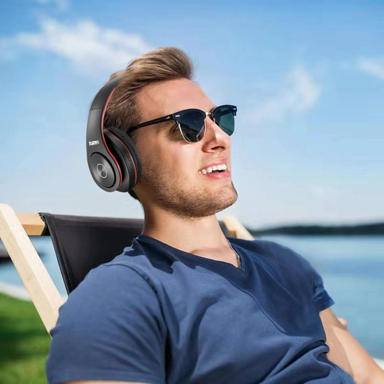TUINYO Bluetooth Headphones, Over Ear Stereo Wireless Headset 40H Playtime with Deep Bass,Soft Memory-Protein Earmuffs,Built-in Mic Wired Mode PC/Cell Phones-Black red