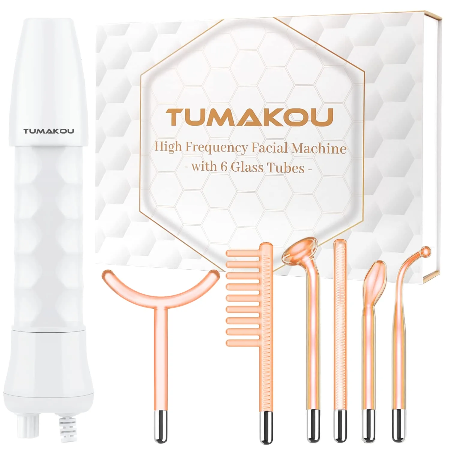 TUMAKOU High Frequency Facial Wand - Orange High Frequency Facial Device Machines for Skin Face Hair - High Frequency Wand with 6 Different Glass Tubes