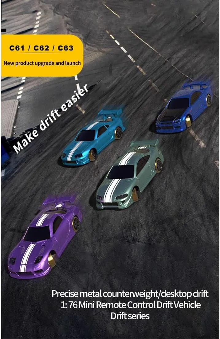 Turbo Racing 1/76 Scale Racing Mini RC Drift Car, 2.4G RC 3CH Electric RWD Drift Racing Car Model, Birthday Xmas Gift for Adults（Purple）
