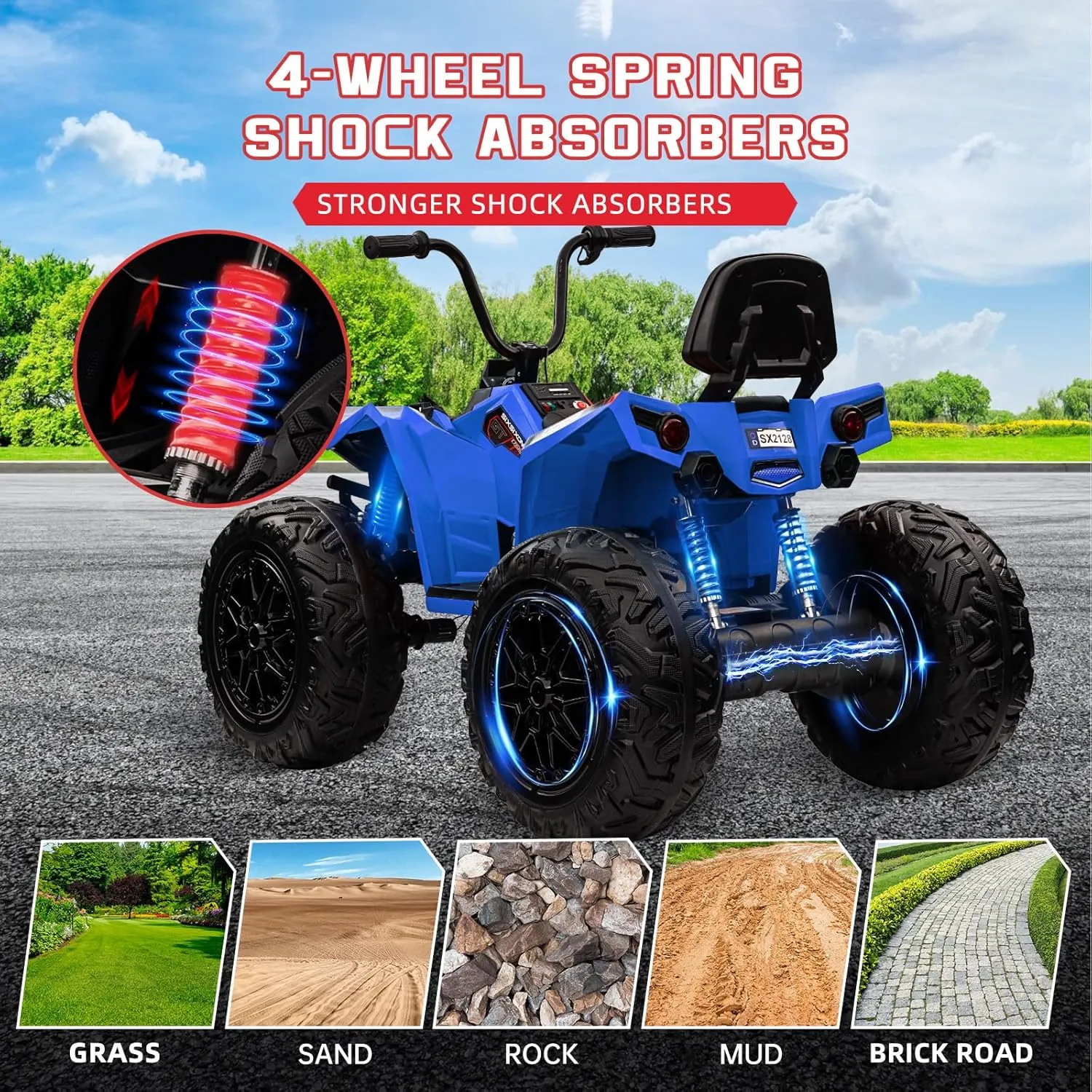 Two Seater 24V Kids ATV, 4x4 Kids Electric 4 Wheeler Quad Ride on Car Toy with 4x200W Motor, 5mph Max Speed, w/LED Lights, EVA Tires, Music, Horn, Battery Powered Electric Vehicle, Blue