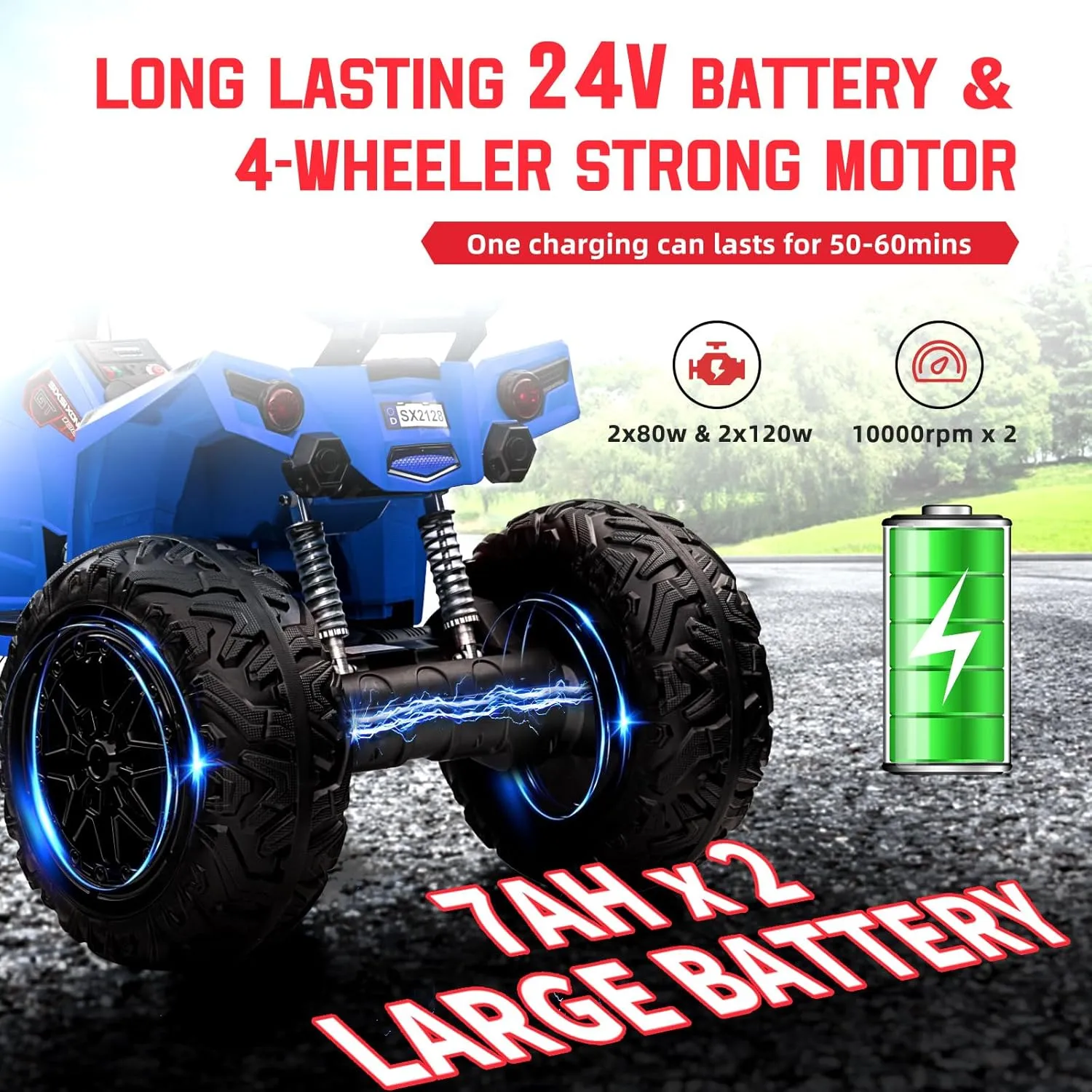 Two Seater 24V Kids ATV, 4x4 Kids Electric 4 Wheeler Quad Ride on Car Toy with 4x200W Motor, 5mph Max Speed, w/LED Lights, EVA Tires, Music, Horn, Battery Powered Electric Vehicle, Blue