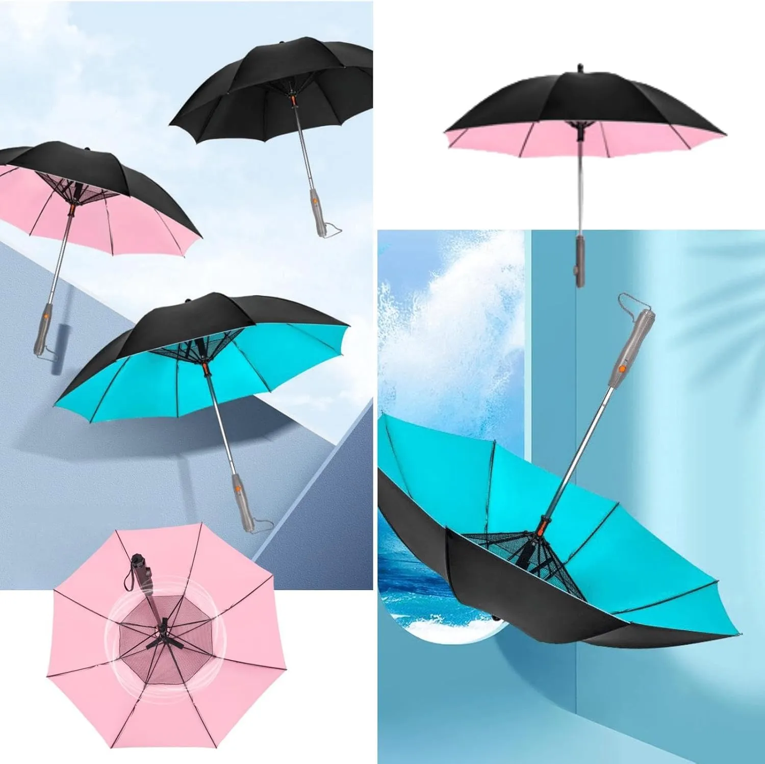 Umbrella with Fan and Mist Spray, USB Rechargeable, UPF 50  Sun and Rain, Portable Umbrella & Cooling Fan for Beach, Travel and Festivals (with a plastic bottle)