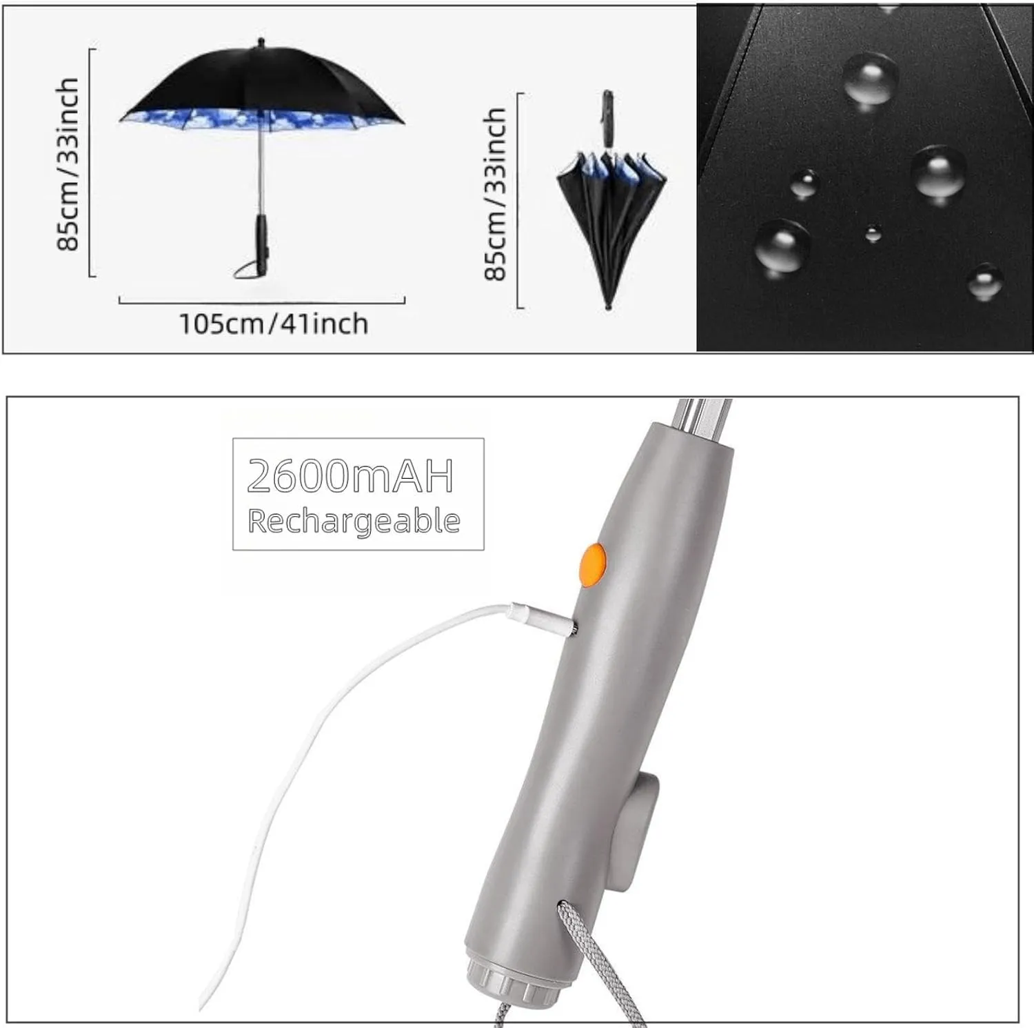Umbrella with Fan and Mist Spray, USB Rechargeable, UPF 50  Sun and Rain, Portable Umbrella & Cooling Fan for Beach, Travel and Festivals (with a plastic bottle)