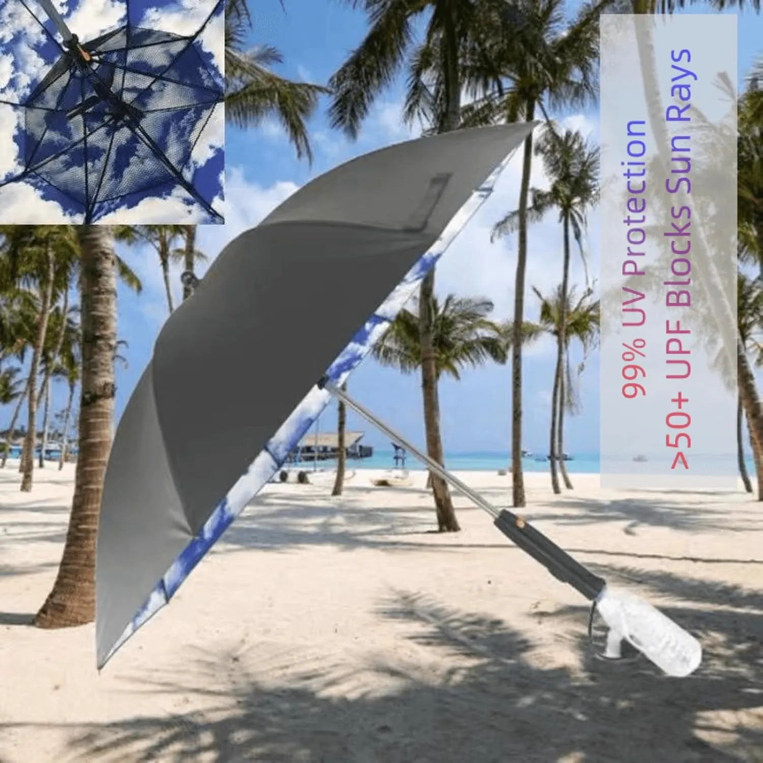 Umbrella with Fan and Mist Spray, USB Rechargeable, UPF 50  Sun and Rain, Portable Umbrella & Cooling Fan for Beach, Travel and Festivals (with a plastic bottle)