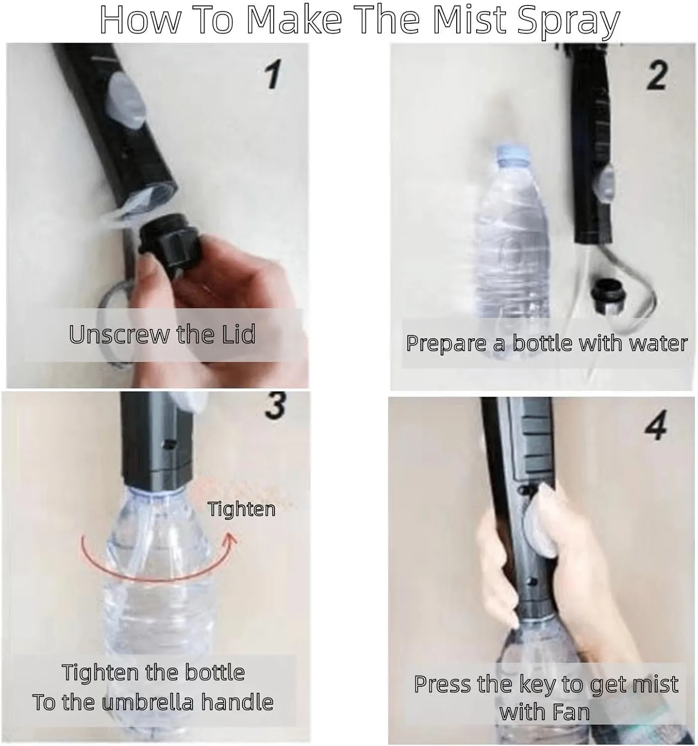 Umbrella with Fan and Mist Spray, USB Rechargeable, UPF 50  Sun and Rain, Portable Umbrella & Cooling Fan for Beach, Travel and Festivals (with a plastic bottle)