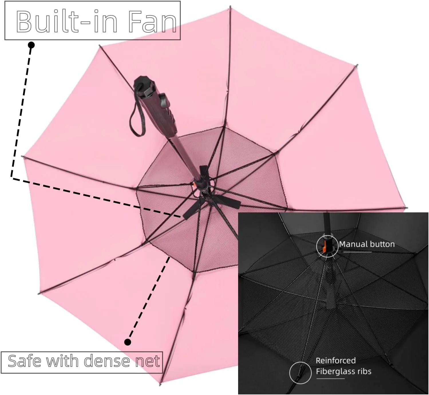 Umbrella with Fan and Mist Spray, USB Rechargeable, UPF 50  Sun and Rain, Portable Umbrella & Cooling Fan for Beach, Travel and Festivals (with a plastic bottle)
