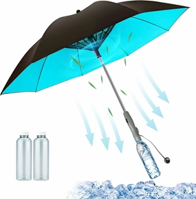 Umbrella with Fan and Mist Spray - 3 in 1 UV Blocking with Fan and Mister, Includes Water Bottle, USB Rechargeable Cooling Sun Umbrella for Heat Protection, Beach, Golf, Patio