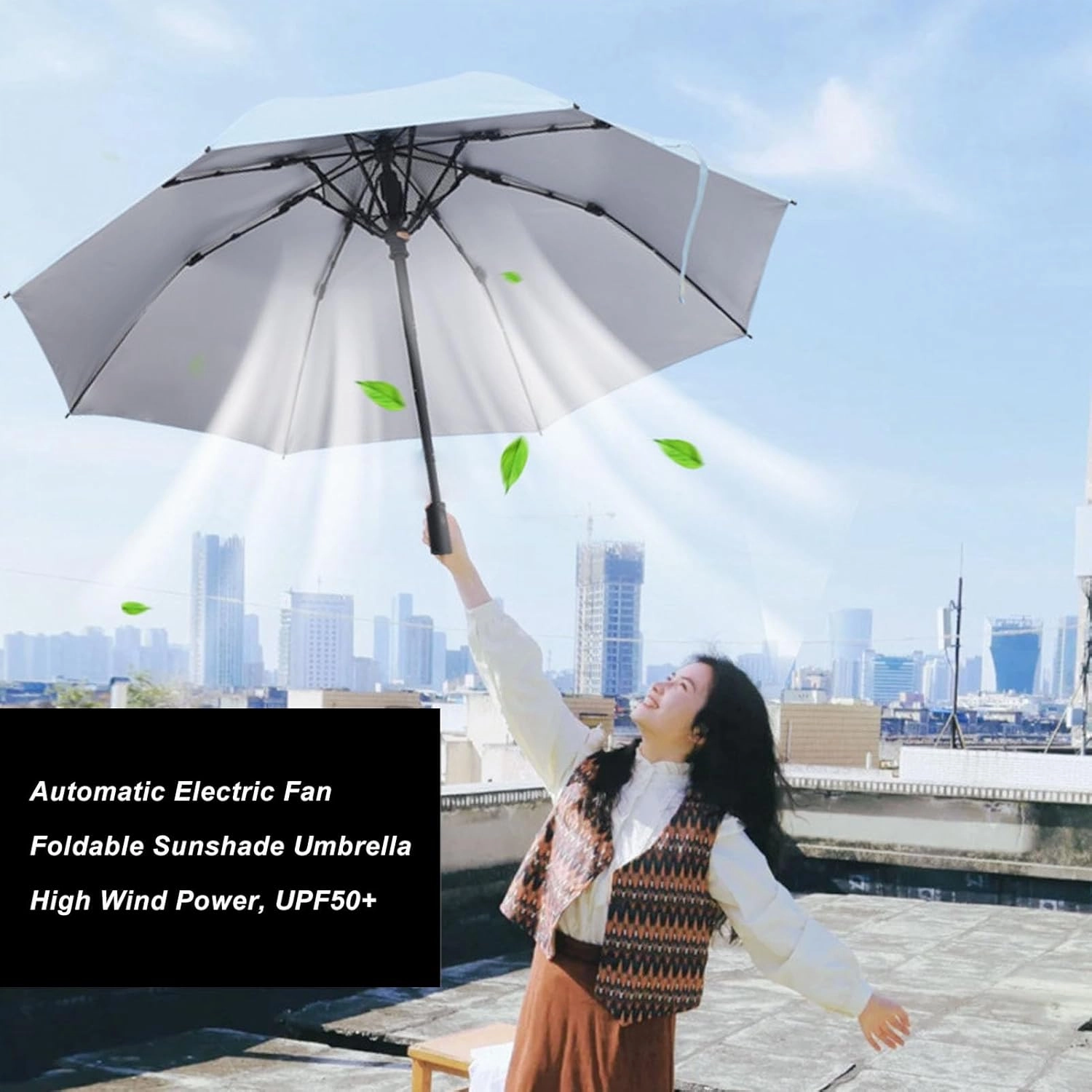 Umbrella With Fan, Small Personal Fan USB Rechargeable Sun Cooling Umbrella With Built In Fan UPF 50 Rain Umbrella Sun Umbrella For Chair Folding Compact Umbrella For Hot Day