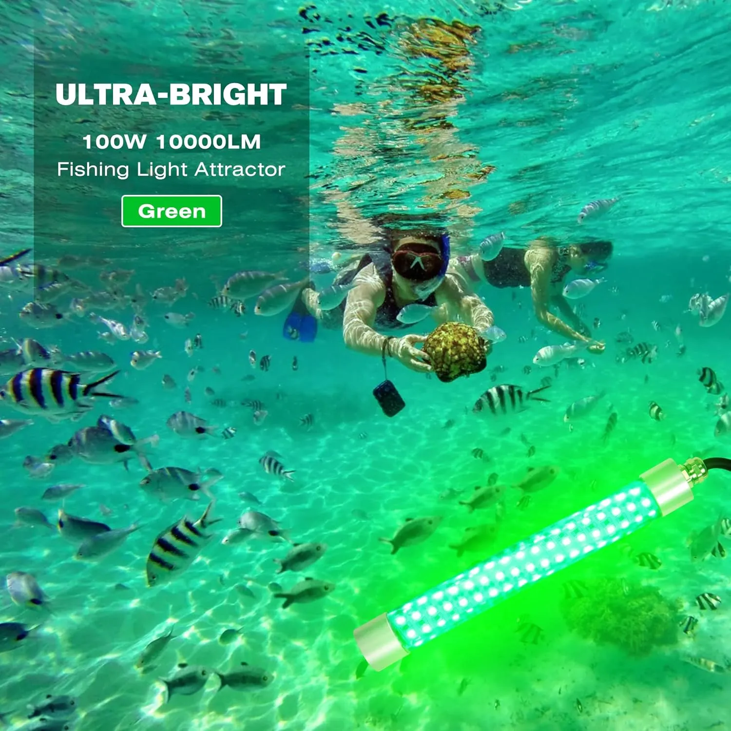 Underwater Fishing Light 100W 10000lm Fish Attracting Light for Boat Docks Kayaks at Night, Submersible Green Light for Crappie Snook Squid Bait Catfish (16.4ft Cord)
