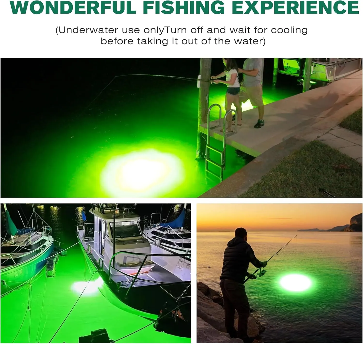 Underwater Fishing Light 100W 10000lm Fish Attracting Light for Boat Docks Kayaks at Night, Submersible Green Light for Crappie Snook Squid Bait Catfish (16.4ft Cord)