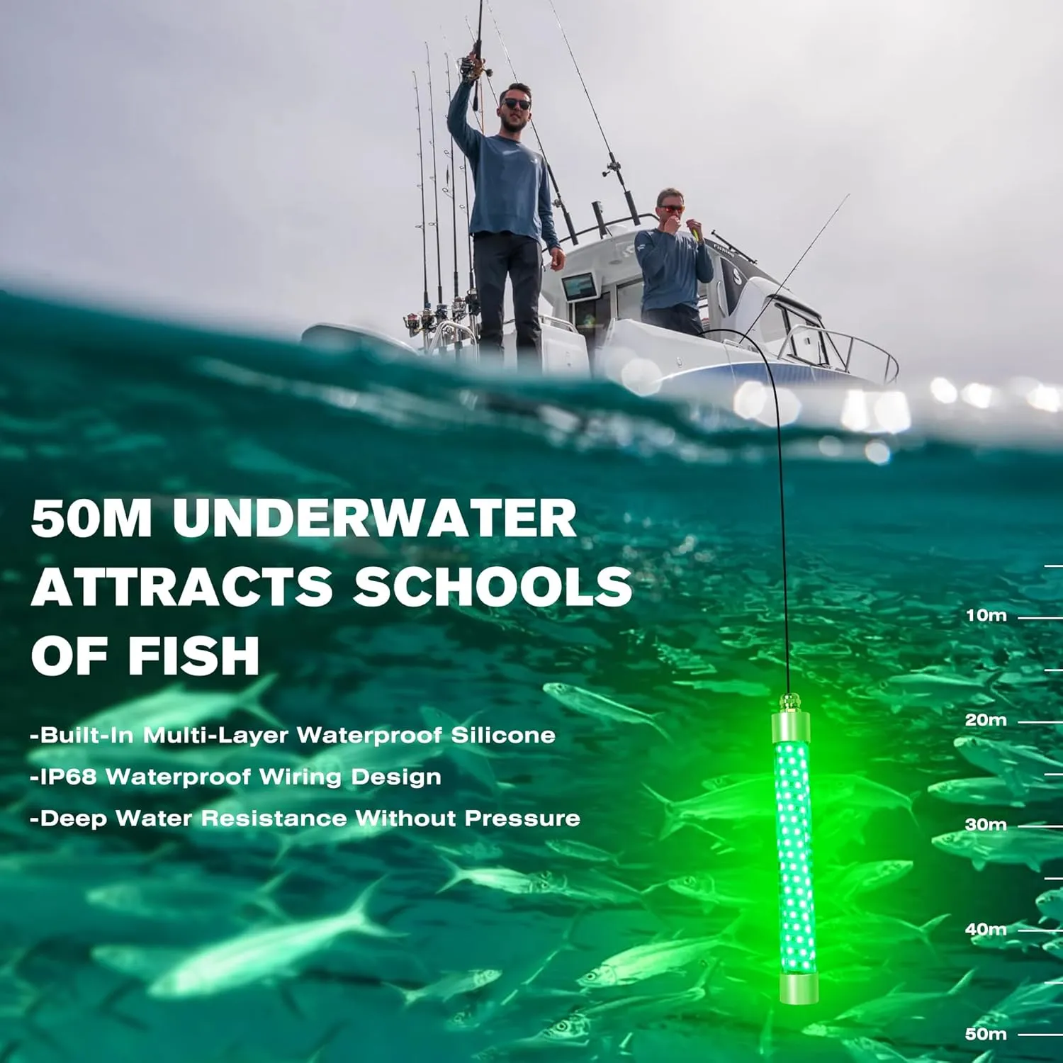 Underwater Fishing Light 100W 10000lm Fish Attracting Light for Boat Docks Kayaks at Night, Submersible Green Light for Crappie Snook Squid Bait Catfish (16.4ft Cord)