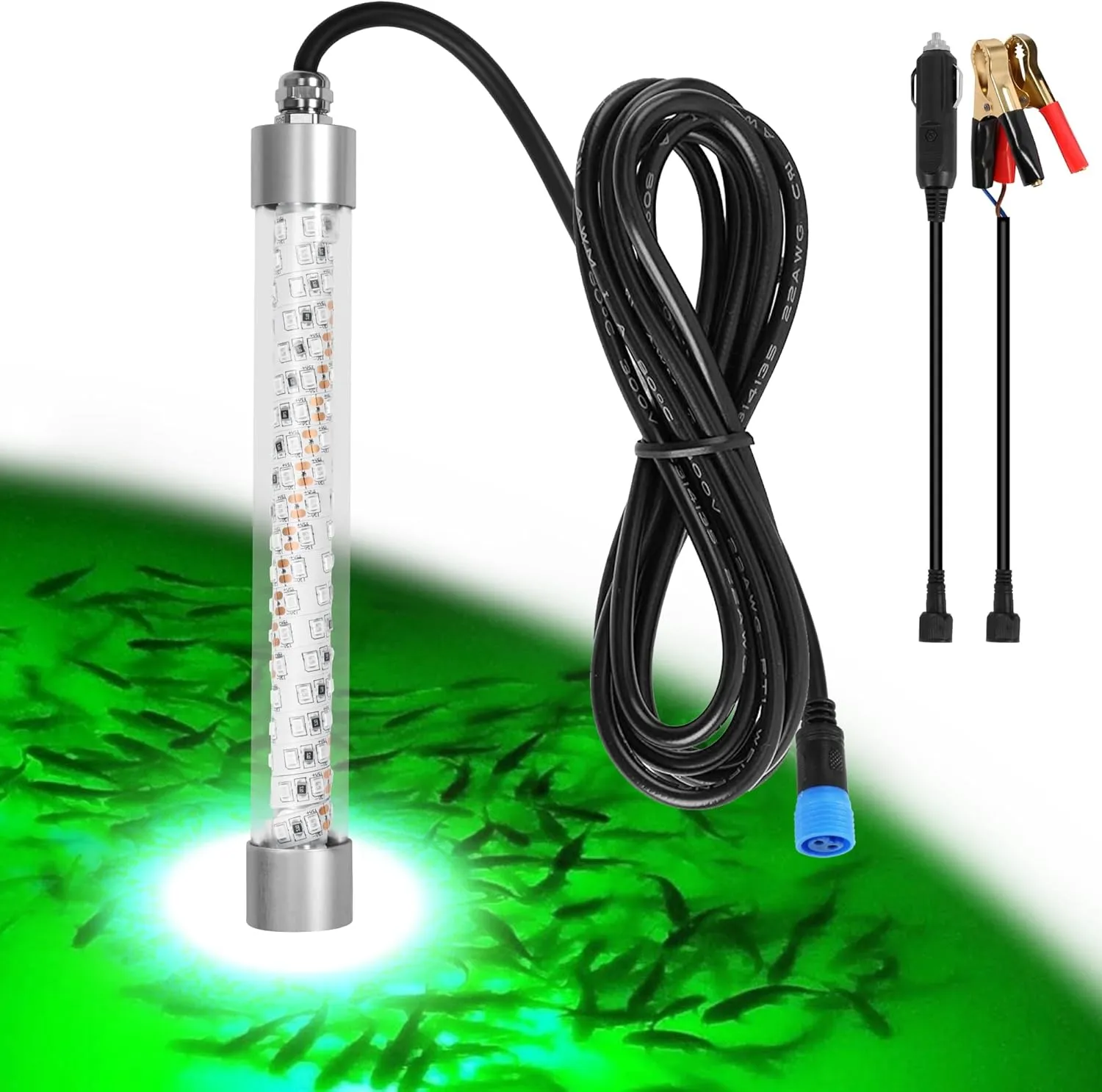 Underwater Fishing Light 100W 10000lm Fish Attracting Light for Boat Docks Kayaks at Night, Submersible Green Light for Crappie Snook Squid Bait Catfish (16.4ft Cord)