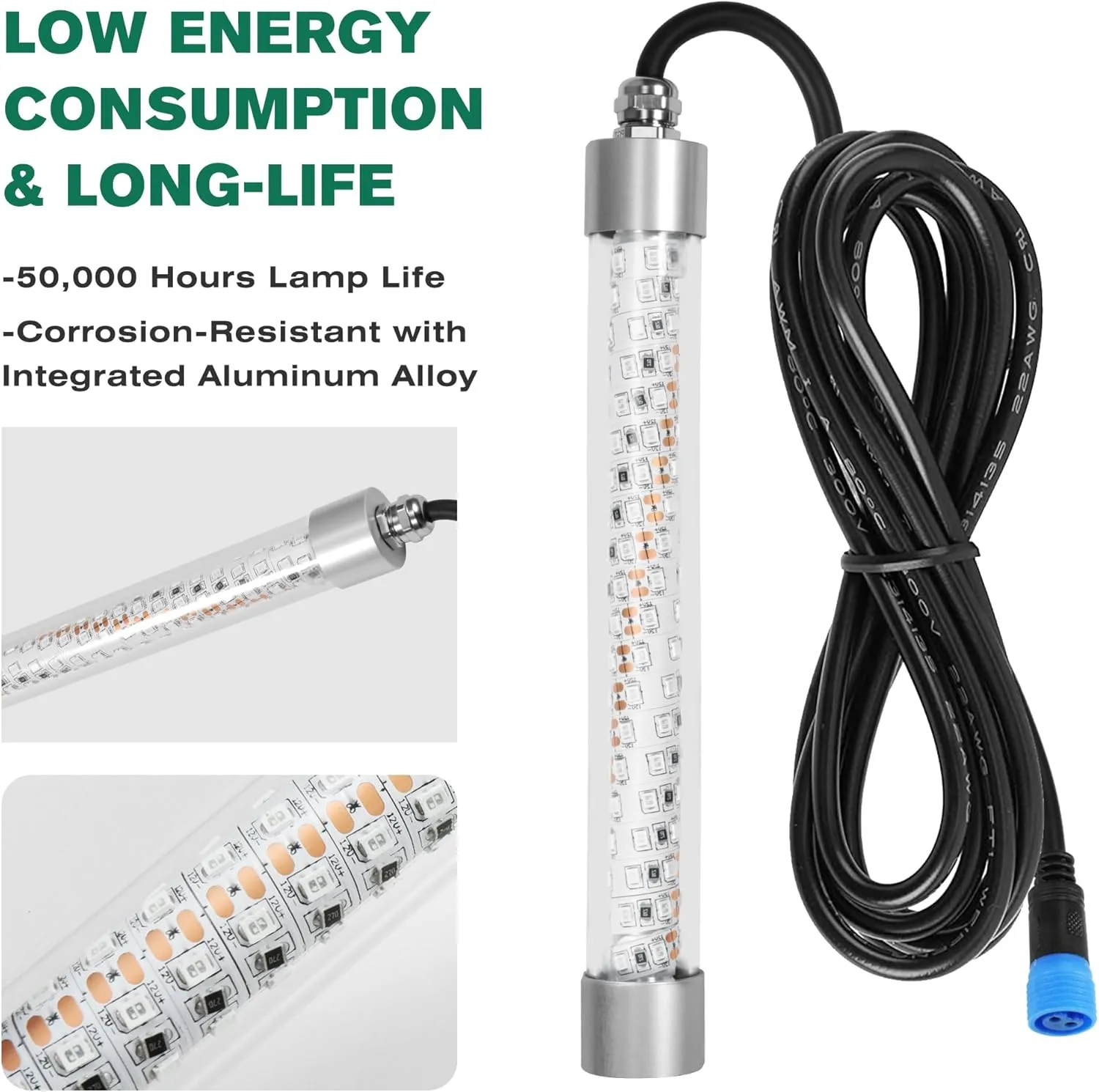 Underwater Fishing Light 100W 10000lm Fish Attracting Light for Boat Docks Kayaks at Night, Submersible Green Light for Crappie Snook Squid Bait Catfish (16.4ft Cord)