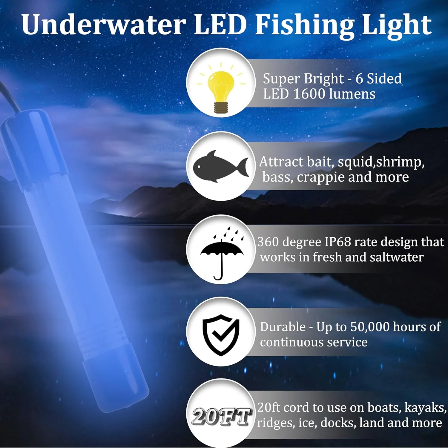 Underwater Fishing Light 1600 Lumens 10.8W 12V 24V Submersible Fish Bait Finder 180 LED Waterproof IP68 Deep Drop Night Fishing Light with 20 FT Cord for Shrimp Squid Fish Crowds