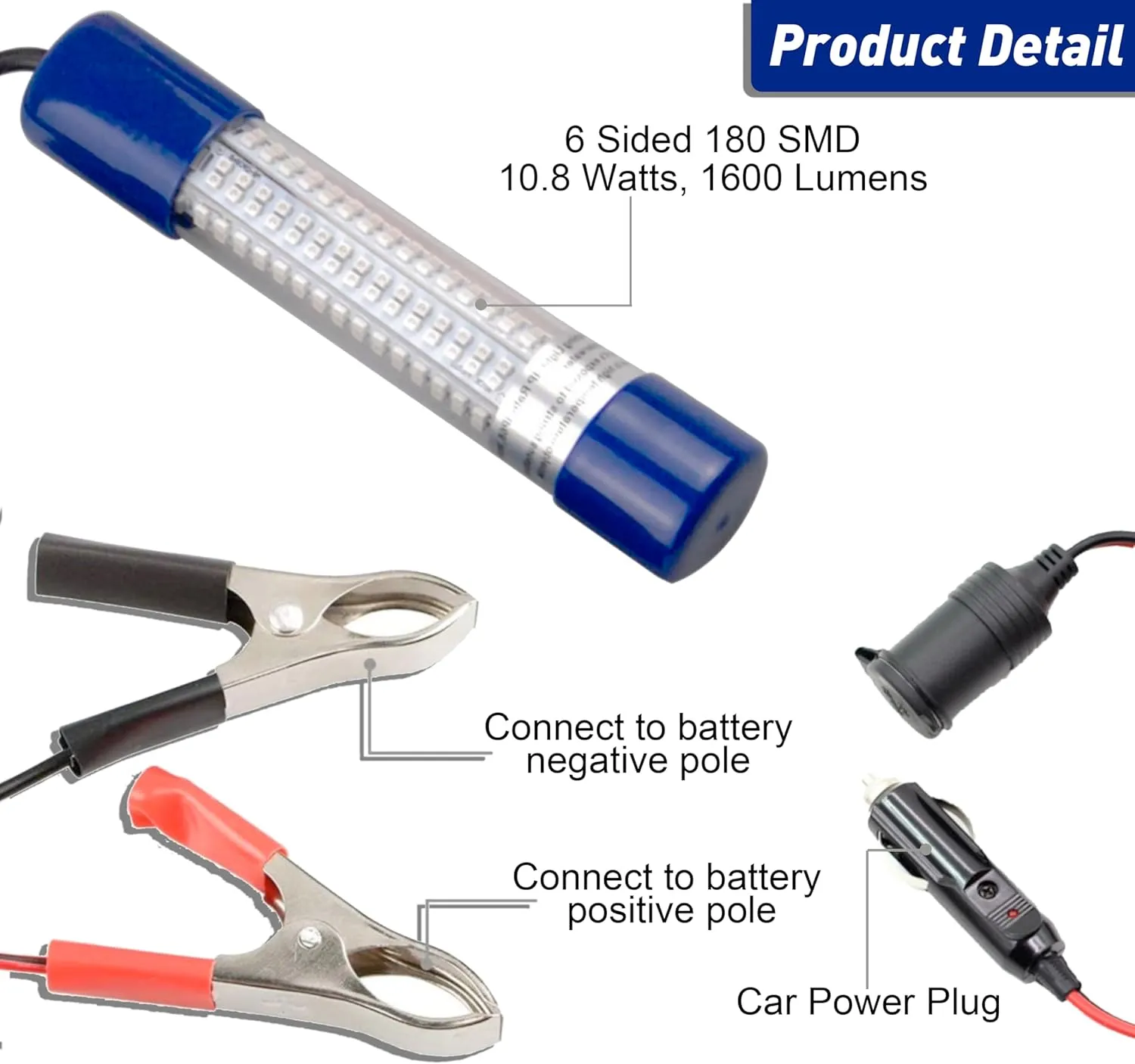 Underwater Fishing Light 1600 Lumens 10.8W 12V 24V Submersible Fish Bait Finder 180 LED Waterproof IP68 Deep Drop Night Fishing Light with 20 FT Cord for Shrimp Squid Fish Crowds