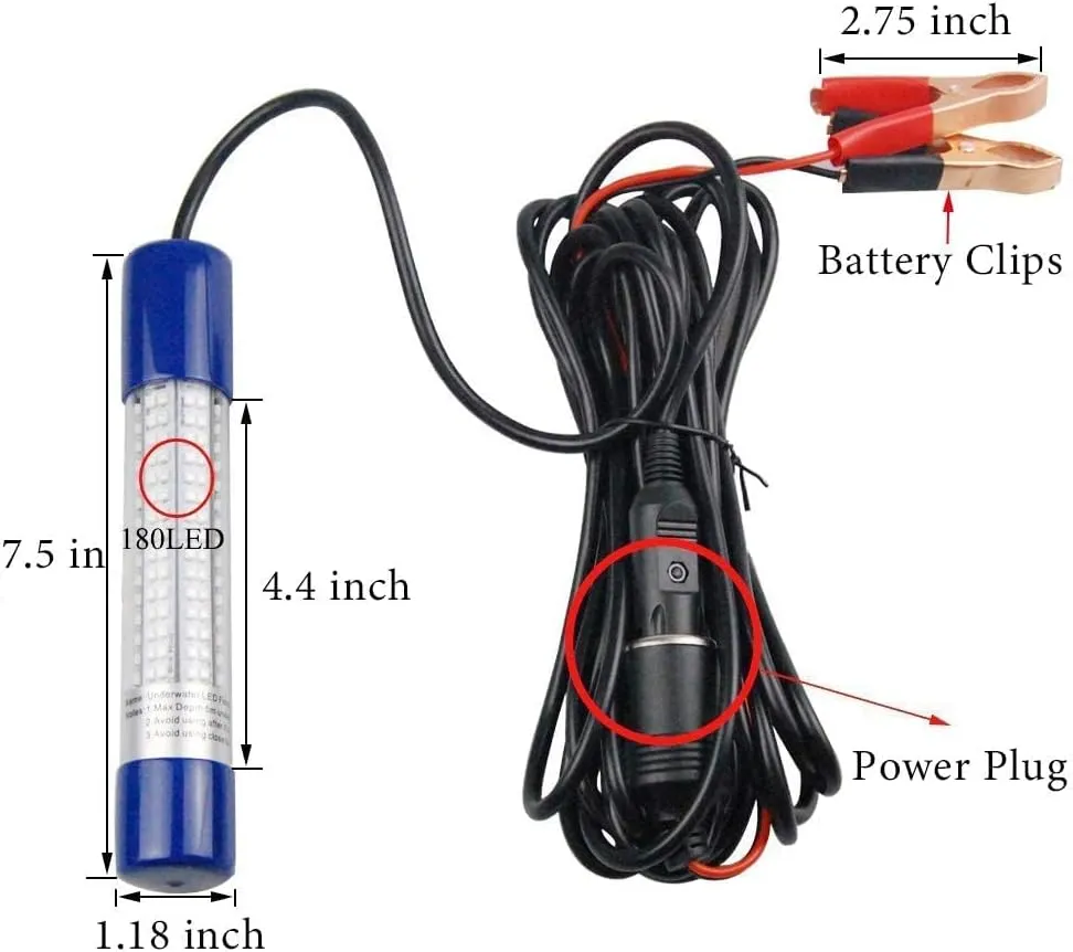 Underwater Fishing Light 1600 Lumens 10.8W 12V 24V Submersible Fish Bait Finder 180 LED Waterproof IP68 Deep Drop Night Fishing Light with 20 FT Cord for Shrimp Squid Fish Crowds