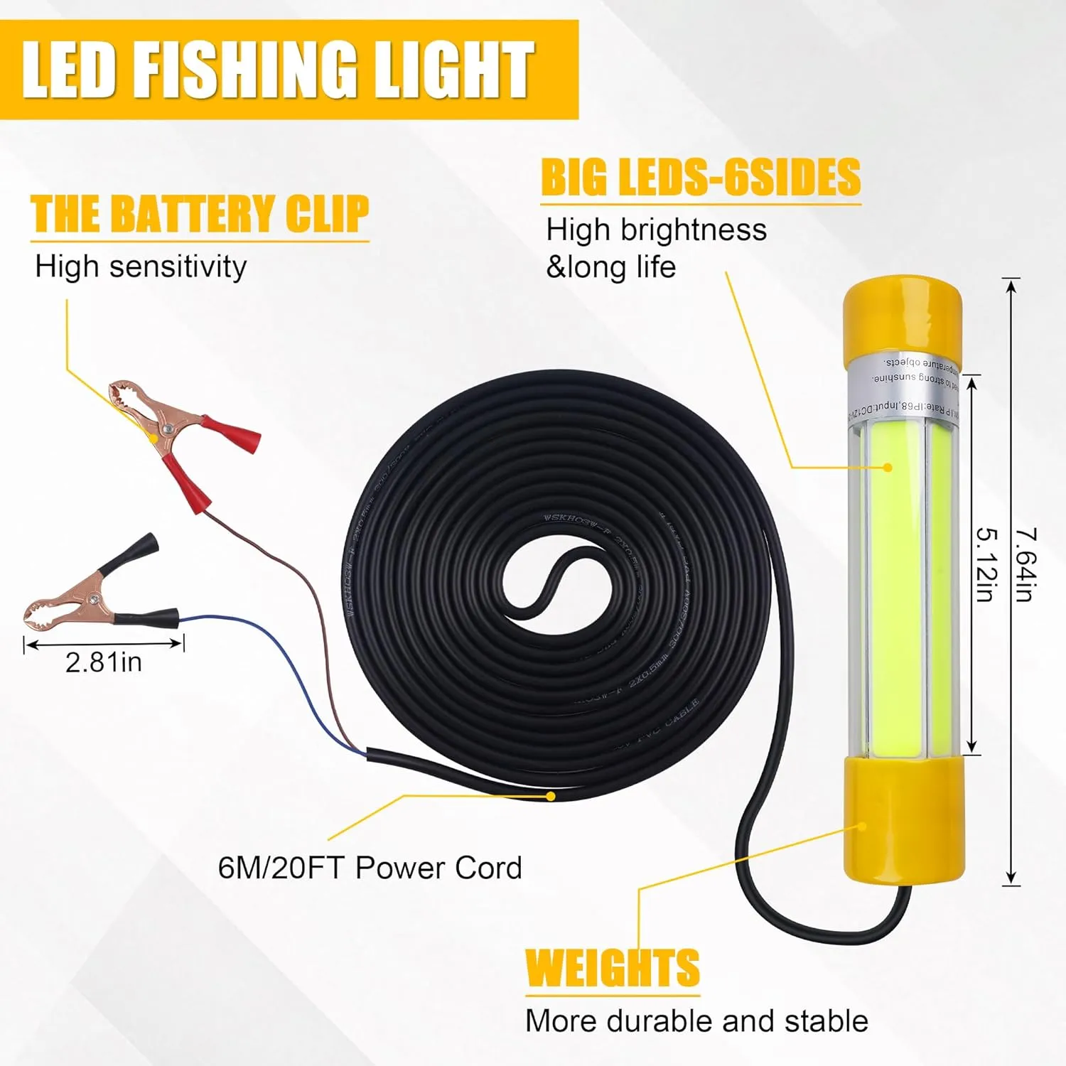 Underwater Fishing Light,Super Bright 16000 Lumens 21.5W 12V-24V Fishing Finder Night Light IP68 Waterproof Super Bright LED Submersible Night Fishing Light with Battery Clamp (Green)