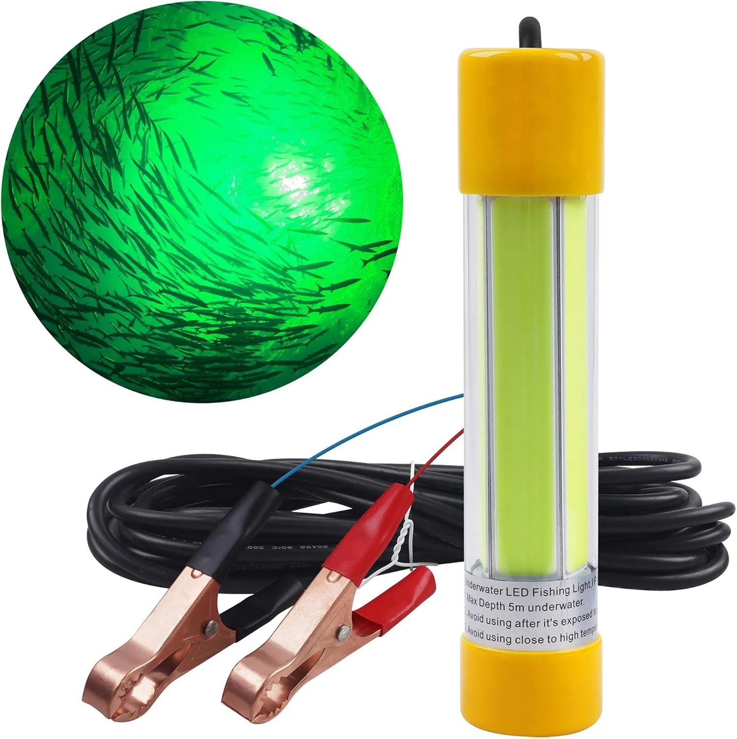 Underwater Fishing Light,Super Bright 16000 Lumens 21.5W 12V-24V Fishing Finder Night Light IP68 Waterproof Super Bright LED Submersible Night Fishing Light with Battery Clamp (Green)